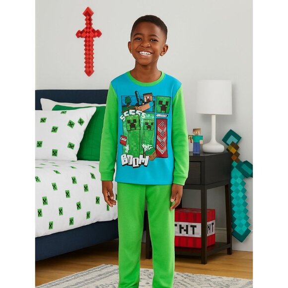 Minecraft Boys Creeper 2-Piece Pajama Set Long Sleeve Shirt Pants Size Large 10/ - Picture 5 of 6
